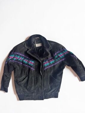 Vintage Aztec Leather Jacket Southwestern Festival Coat 90s